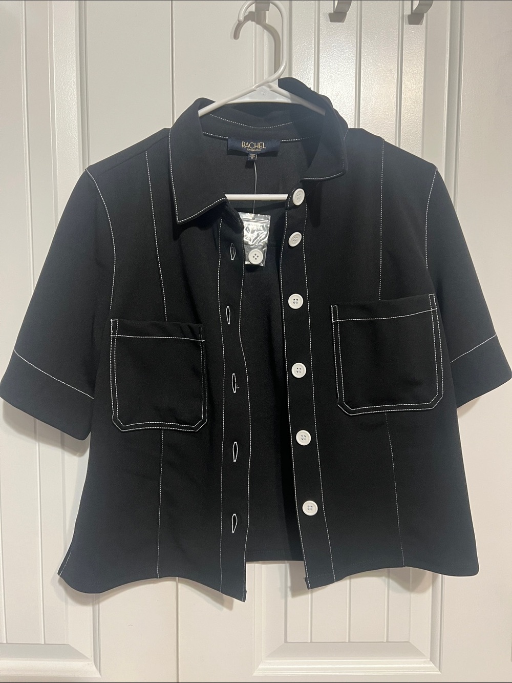 Rachel Black Short-Sleeve Jacket with White Contrast Stitching